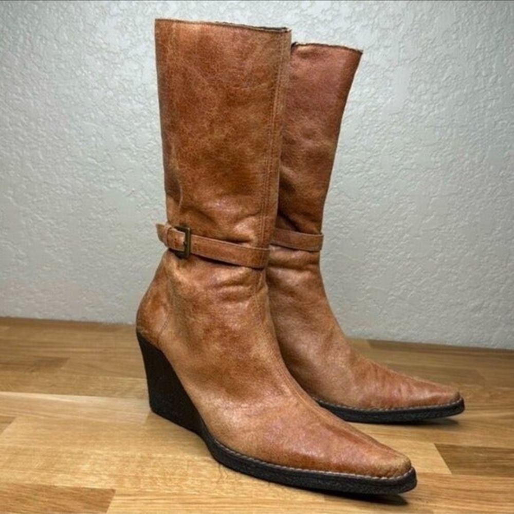 PLEY Tan/Brown Wedge 13" High Boots Size 37 (US 6.5)‎ Distressed/Worn